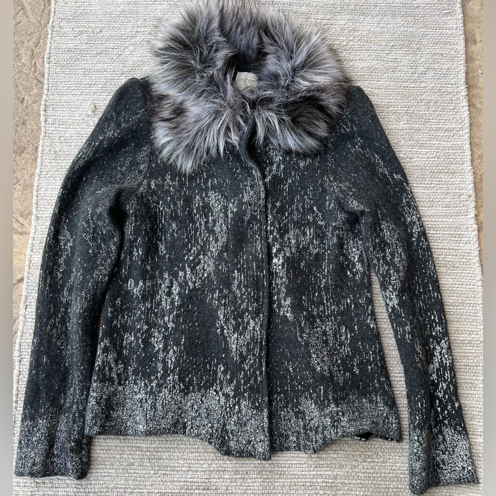 Chicos Gray Wool Faux Fur Collared Cardigan Sweater